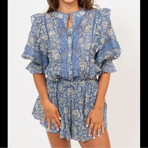 Blue Floral Karlie Romper, Drawstring Waist Outfit, Puff Sleeve Romper